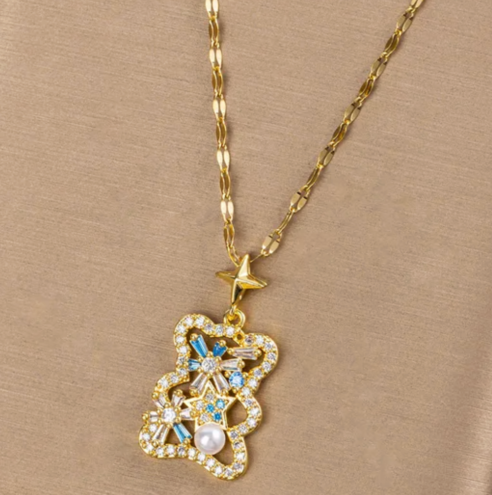 Gold Crystal Bear Clover Jewelry Set - - 18k Gold Plated Waterproof Jewellery - Collection 9