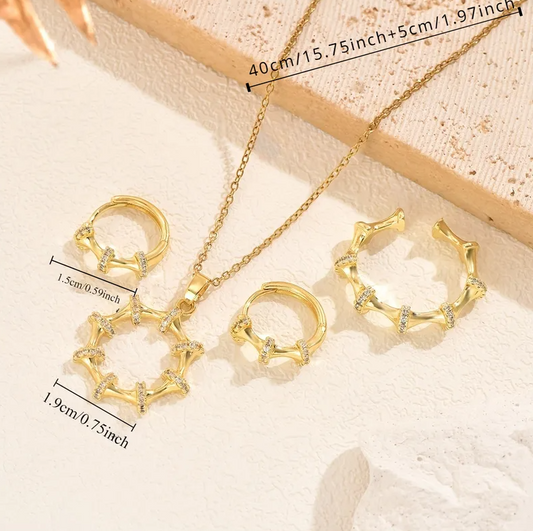 Gold Crystal Bamboo Jewelry Set - - 18k Gold Plated Waterproof Jewellery - Collection 9
