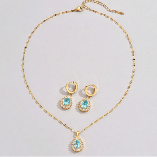 Gold Aqua Blue Crystal Teardrop Jewelry Set - - 18k Gold Plated Waterproof Jewellery - Collection 9
