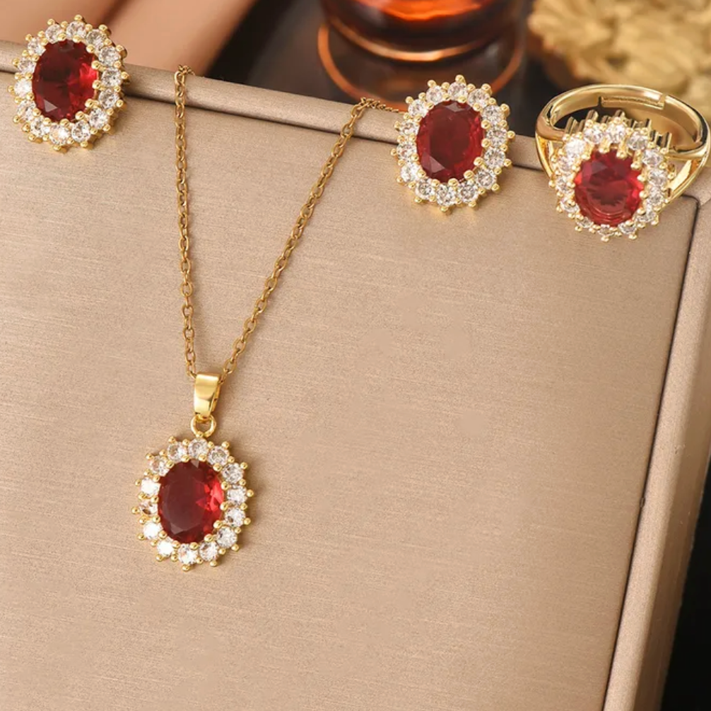 Gold Ruby Crystal Halo Jewelry Set - - 18k Gold Plated Waterproof Jewellery - Collection 9