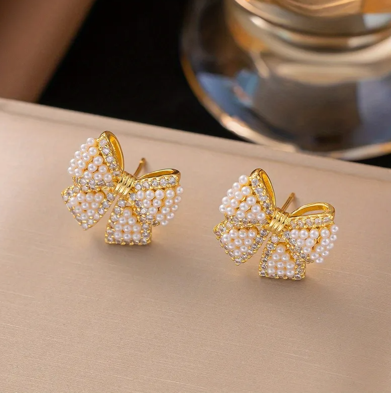 Gold Pearl Crystal Bow Jewelry Set - - 18k Gold Plated Waterproof Jewellery - Collection 9