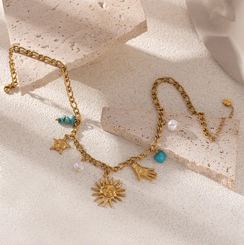 Sun Face Hamsa Turquoise Charm Necklace - Necklace - 18k Gold Plated Waterproof Jewellery - Collection 9