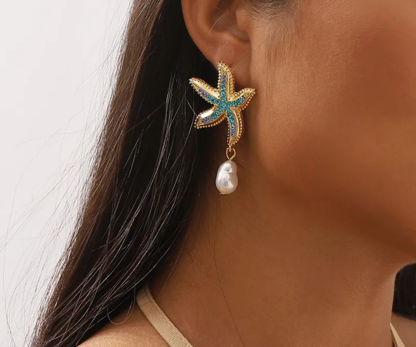 Crystal Starfish Pearl Drop Earrings - Earrings - 18k Gold Plated Waterproof Jewellery - Collection 9