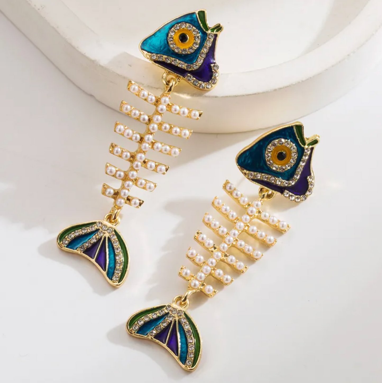 Crystal Fish Bone Drop Earrings