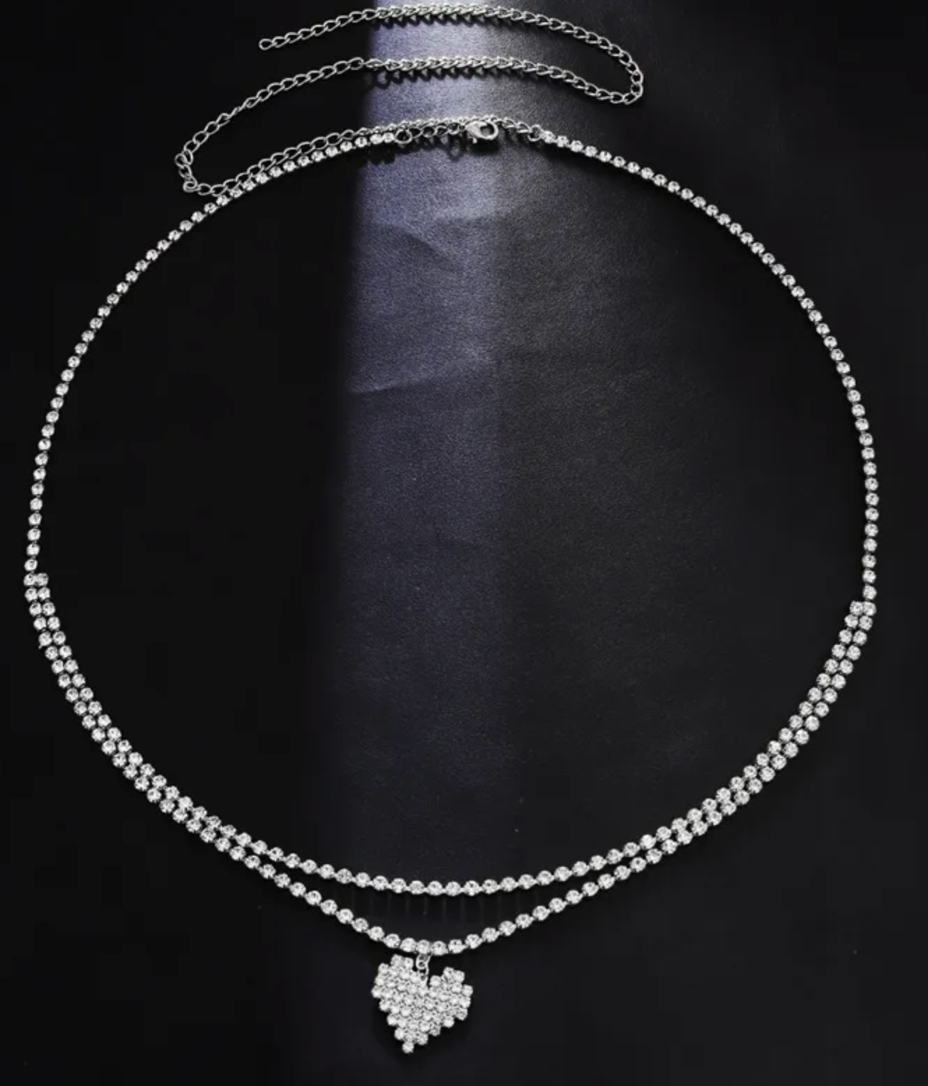 Gold Double Layer Rhinestone Tennis Waist Chain with Pavé Heart Pendant - Waist Chains - 18k Gold Plated Waterproof Jewellery - Collection 9