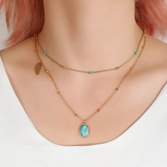 Turquoise Oval Pendant Feather Layered Necklace
