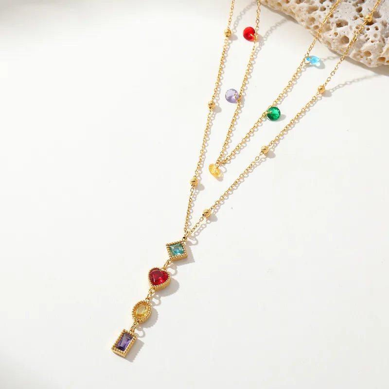 Gold Multi-Gem Heart Layered Necklace - Jewelry - 18k Gold Plated Waterproof Jewellery - Collection 9