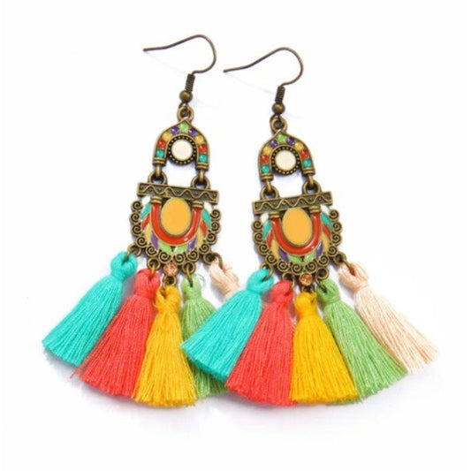 Antique Bronze Moroccan Arch & Multicolour Tassel Drop Earrings - Collection 9 Ltd
