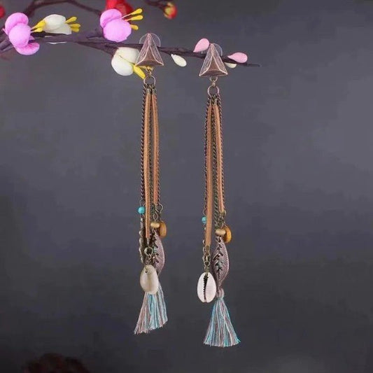 Antique Bronze Triangle Stud & Multi - Chain Tassel Drop Earrings - Collection 9 Ltd