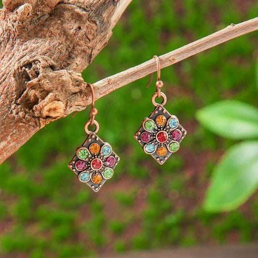 Antique Copper Diamond & Multicolour Rhinestone Flower Drop Earrings - Collection 9 Ltd