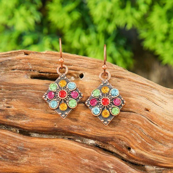 Antique Copper Diamond & Multicolour Rhinestone Flower Drop Earrings - Drop Earrings - 18k Gold Plated Waterproof Jewellery - Collection 9