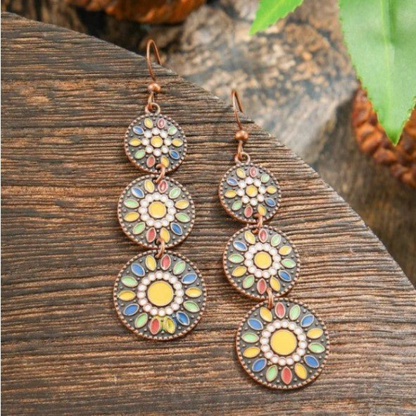 Antique Copper Triple Mandala Disc & Multicolour Enamel Drop Earrings - Drop Earrings - 18k Gold Plated Waterproof Jewellery - Collection 9