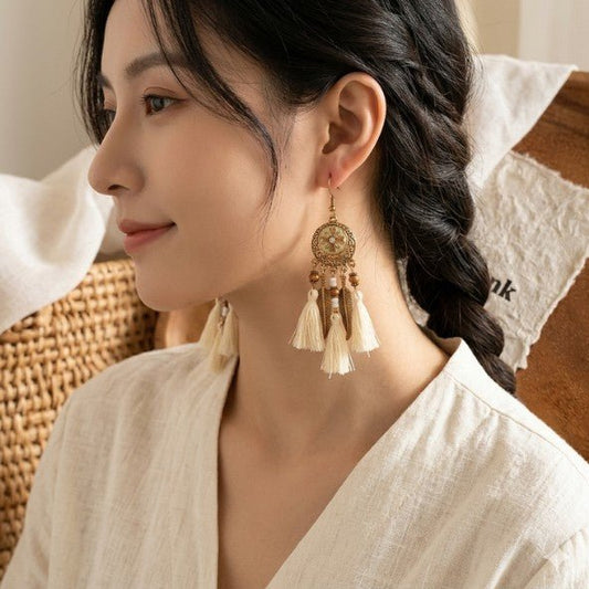 Antique Gold Mandala Disc & Cream Tassel Feather Drop Earrings - Collection 9 Ltd