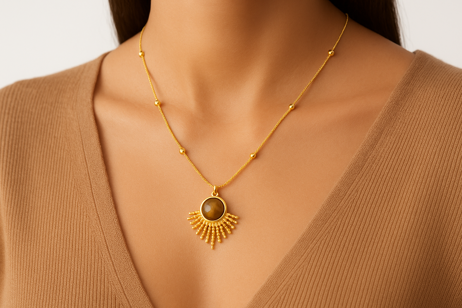 Gold Tiger Eye Sun Ray Necklace - Jewelry - 18k Gold Plated Waterproof Jewellery - Collection 9