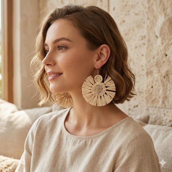 Cream Rattan Lattice Disc & Raffia Tassel Fringe Drop Earrings - Drop Earrings - 18k Gold Plated Waterproof Jewellery - Collection 9