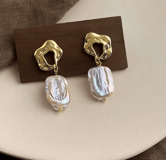 Gold Abstract Baroque Freshwater Pearl Drop Earrings - - 18k Gold Plated Waterproof Jewellery - Collection 9