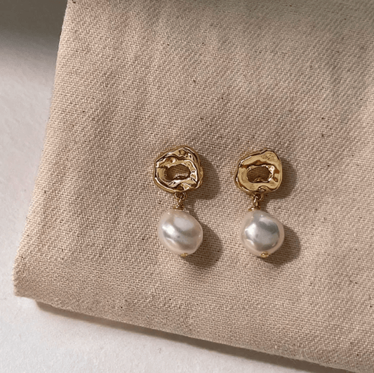 Gold Abstract Disc Freshwater Pearl Drop Earrings - - 18k Gold Plated Waterproof Jewellery - Collection 9