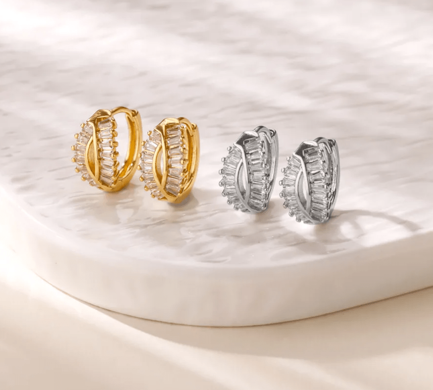 Gold Baguette Crystal Hoop Earrings - - 18k Gold Plated Waterproof Jewellery - Collection 9