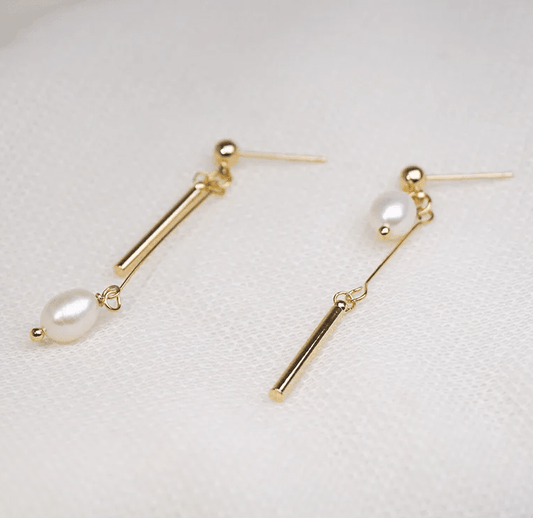 Gold Bar Freshwater Pearl Asymmetric Drop Earrings - - 18k Gold Plated Waterproof Jewellery - Collection 9