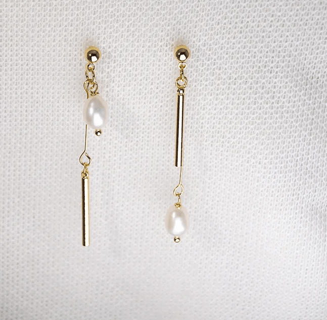 Gold Bar Freshwater Pearl Asymmetric Drop Earrings - - 18k Gold Plated Waterproof Jewellery - Collection 9