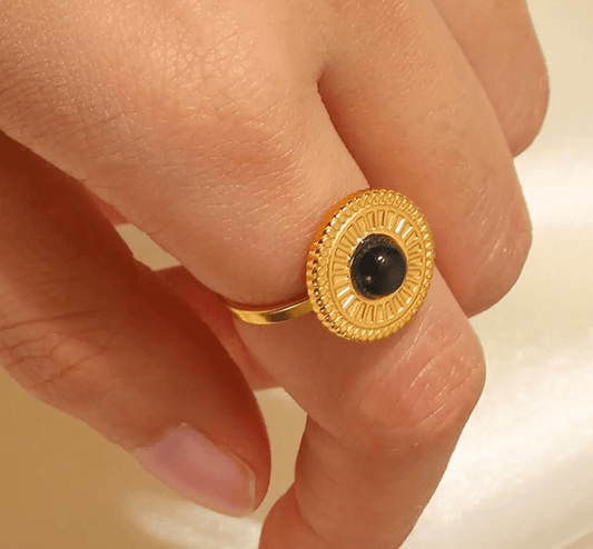 Gold Black Stone Medallion Ring - Jewelry - 18k Gold Plated Waterproof Jewellery - Collection 9