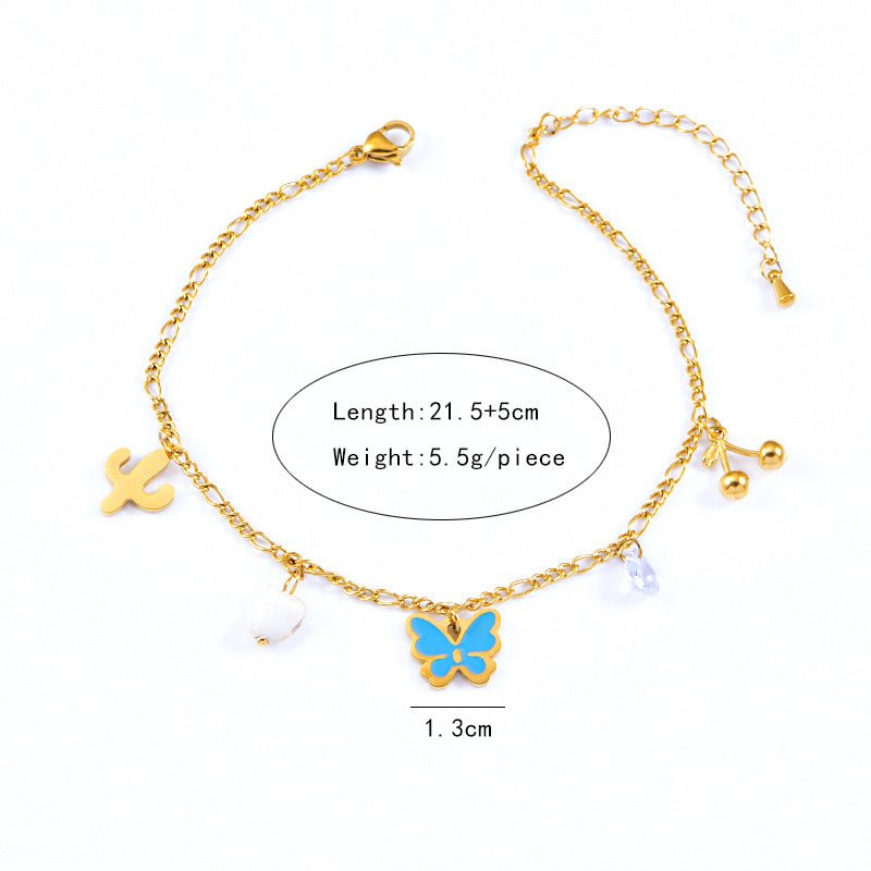 Gold Blue Enamel Butterfly Cactus Charm Anklet - Anklets - 18k Gold Plated Waterproof Jewellery - Collection 9