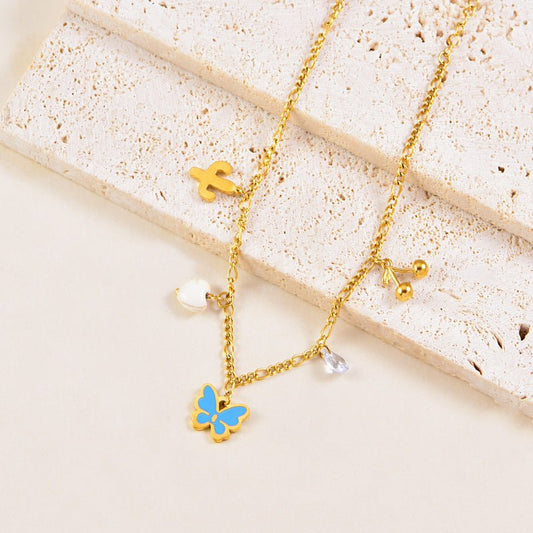 Gold Blue Enamel Butterfly Cactus Charm Anklet - Anklets - 18k Gold Plated Waterproof Jewellery - Collection 9