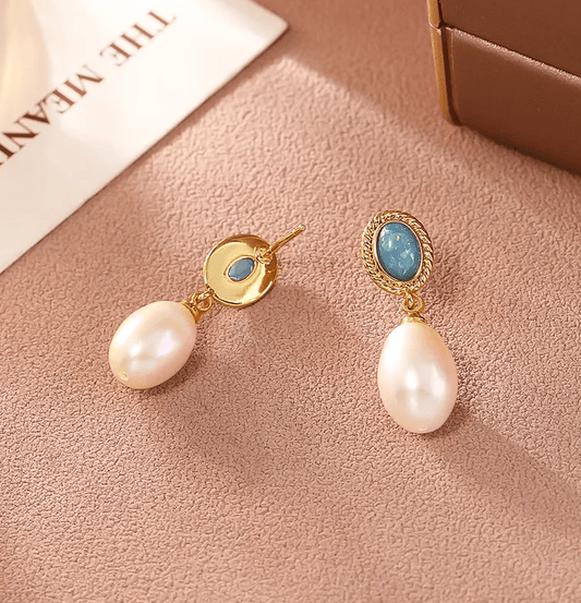 Gold Blue Stone Freshwater Pearl Drop Earrings - - 18k Gold Plated Waterproof Jewellery - Collection 9