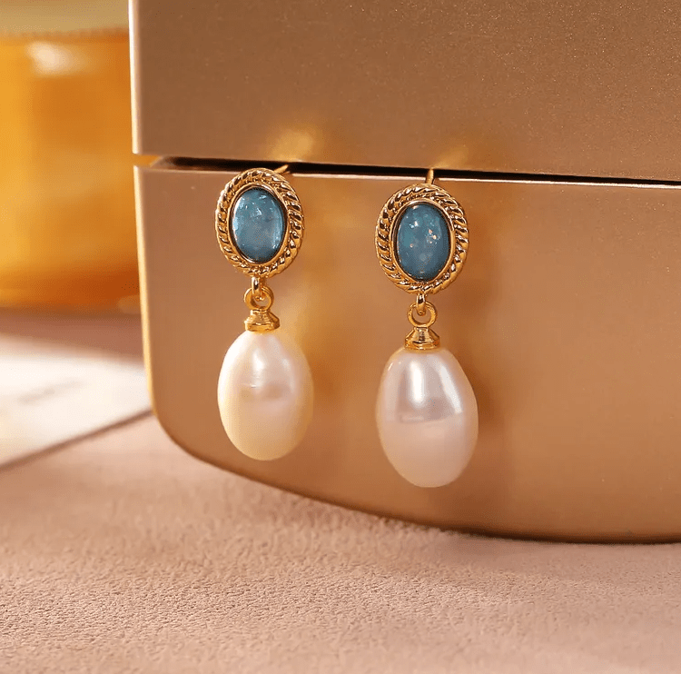 Gold Blue Stone Freshwater Pearl Drop Earrings - - 18k Gold Plated Waterproof Jewellery - Collection 9