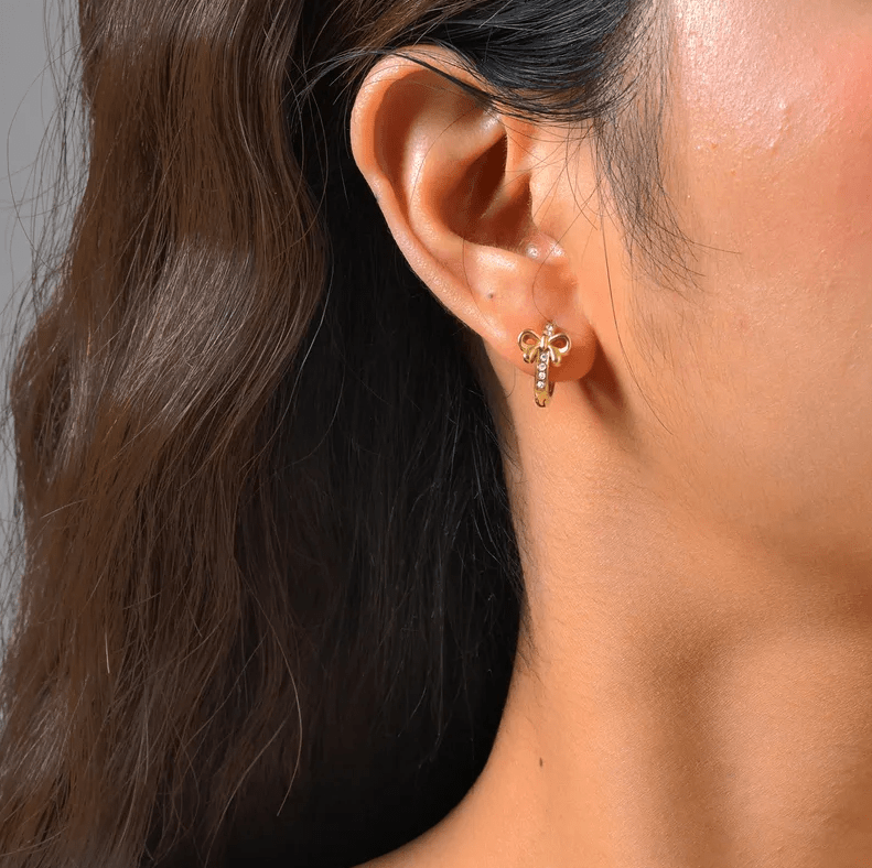Gold Bow Crystal Huggie Earrings - - 18k Gold Plated Waterproof Jewellery - Collection 9