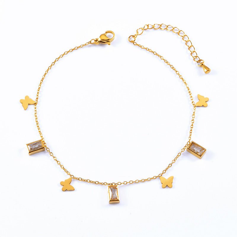 Gold Butterfly & Baguette Rhinestone Charm Anklet - Anklet - 18k Gold Plated Waterproof Jewellery - Collection 9