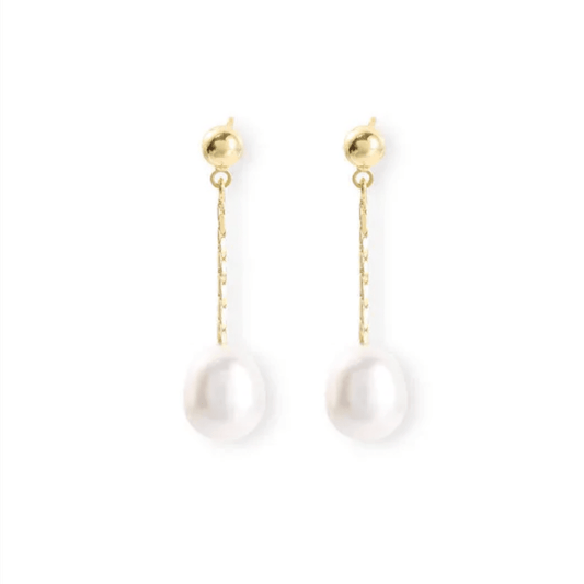 Gold Chain Freshwater Pearl Drop Earrings - - 18k Gold Plated Waterproof Jewellery - Collection 9