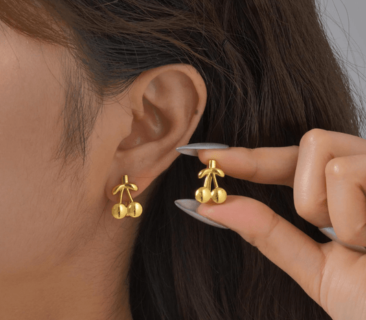 Gold Cherry Stud Earrings - - 18k Gold Plated Waterproof Jewellery - Collection 9