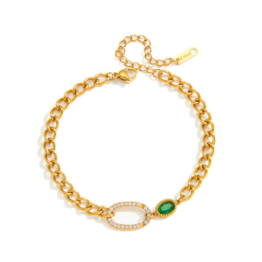 Gold Chunky Curb Chain Oval Rhinestone & Green Emerald Zircon Bracelet - Bracelets - 18k Gold Plated Waterproof Jewellery - Collection 9