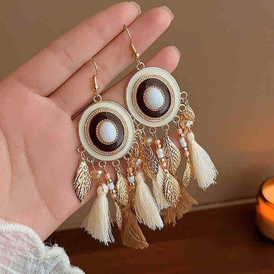 Gold Circle Disc & Cream Brown Tassel Leaf Charm Drop Earrings - Collection 9 Ltd
