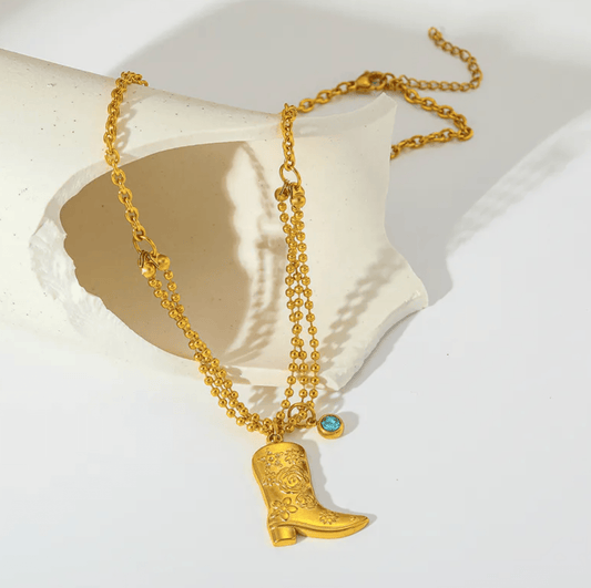 Gold Cowboy Boot Charm Layered Necklace - Necklaces - 18k Gold Plated Waterproof Jewellery - Collection 9