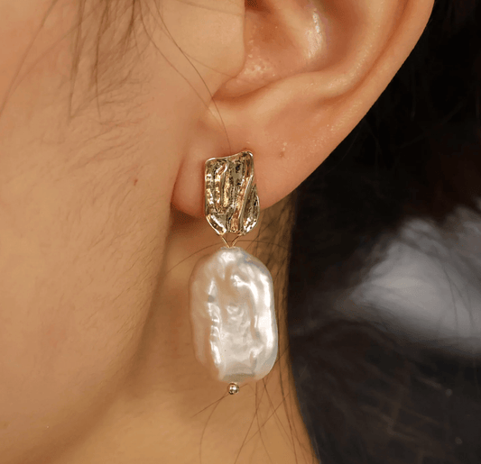 Gold Crinkle Square Freshwater Pearl Drop Earrings - - 18k Gold Plated Waterproof Jewellery - Collection 9