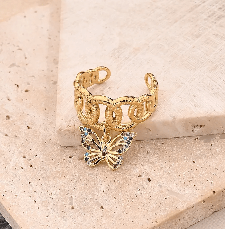 Gold Crystal Butterfly Chain Link Ring - Jewelry - 18k Gold Plated Waterproof Jewellery - Collection 9