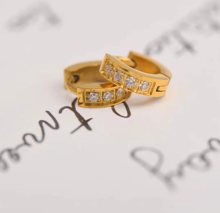 Gold Crystal Chain Micro Huggie Earrings - - 18k Gold Plated Waterproof Jewellery - Collection 9