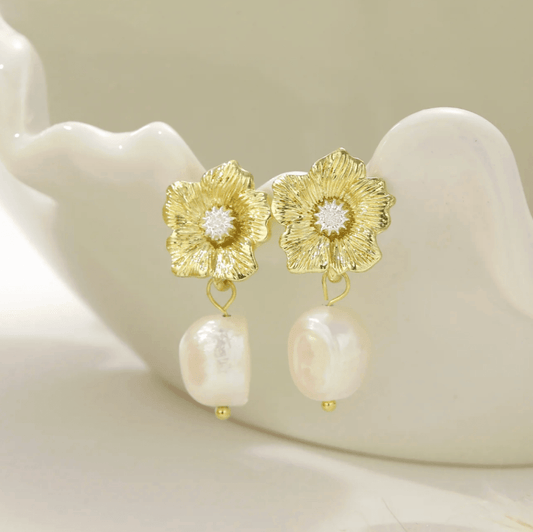 Gold Crystal Flower Freshwater Pearl Drop Earrings - - 18k Gold Plated Waterproof Jewellery - Collection 9