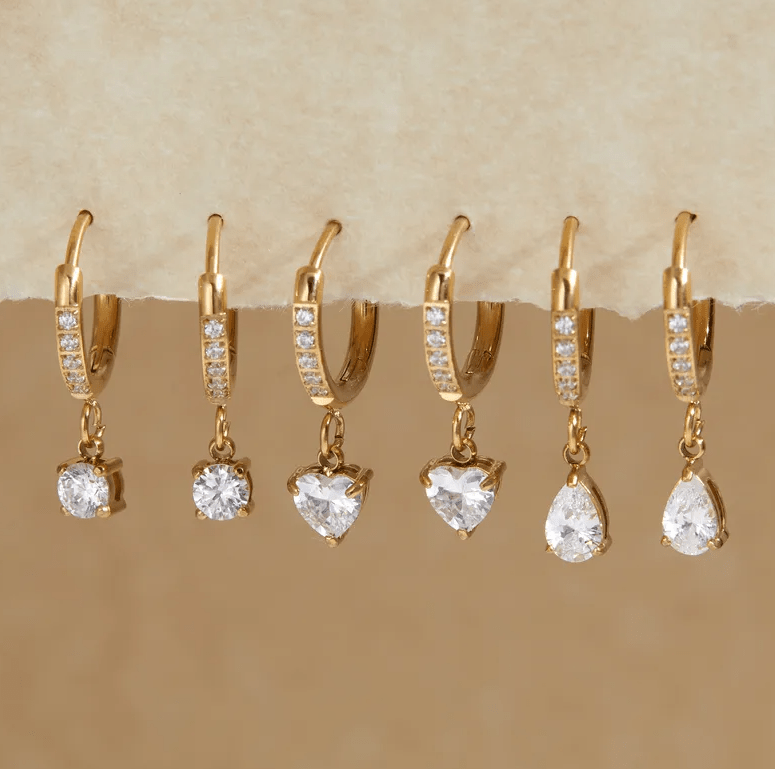 Gold Crystal Heart Huggie Drop Earrings - - 18k Gold Plated Waterproof Jewellery - Collection 9