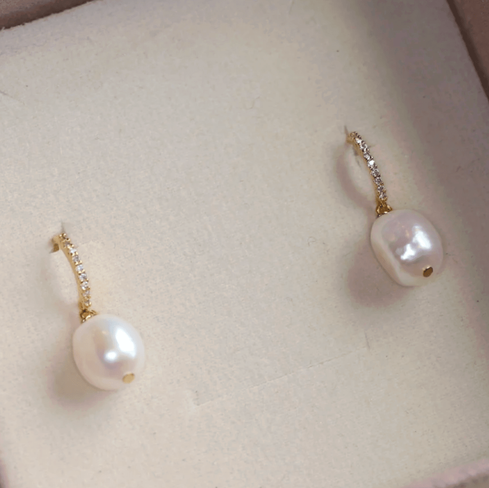 Gold Crystal Huggie Freshwater Pearl Drop Earrings - - 18k Gold Plated Waterproof Jewellery - Collection 9