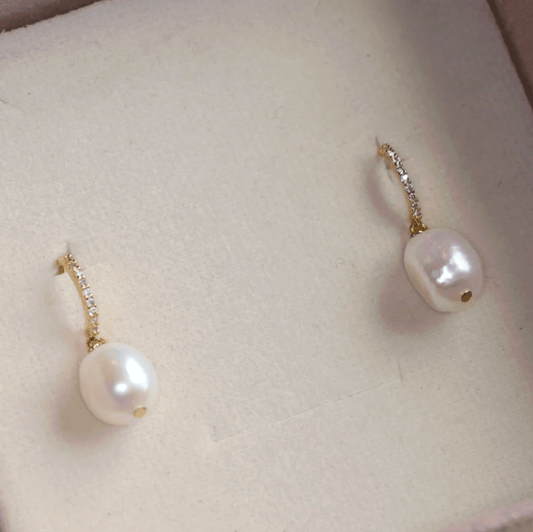 Gold Crystal Huggie Freshwater Pearl Drop Earrings - - 18k Gold Plated Waterproof Jewellery - Collection 9