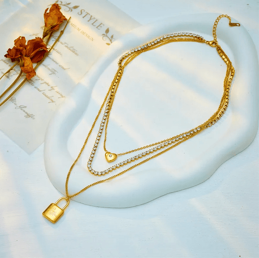 Gold Crystal Layered Lock Necklace - Necklace - 18k Gold Plated Waterproof Jewellery - Collection 9
