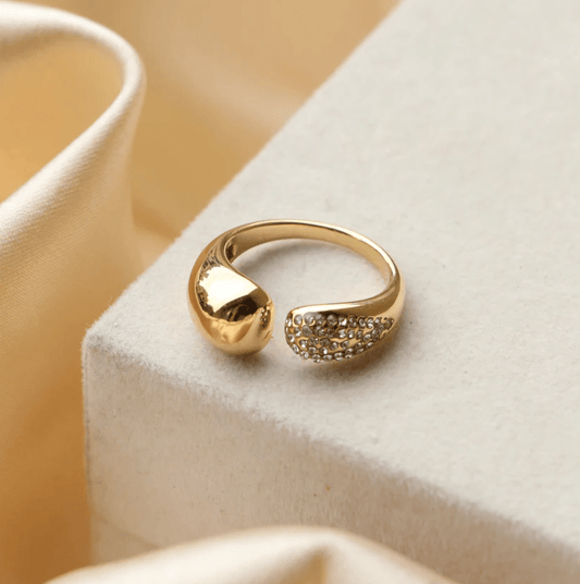 Gold Crystal Pave Dome Adjustable Ring - Jewelry - 18k Gold Plated Waterproof Jewellery - Collection 9