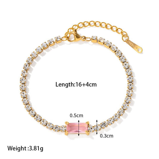 Gold Crystal Tennis Chain Bracelet with Pink Baguette Zircon Centre - Bracelets - 18k Gold Plated Waterproof Jewellery - Collection 9