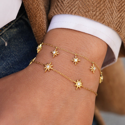 Gold Crystal Zircon Starburst Charm Cable Chain Bracelet - Bracelets - 18k Gold Plated Waterproof Jewellery - Collection 9
