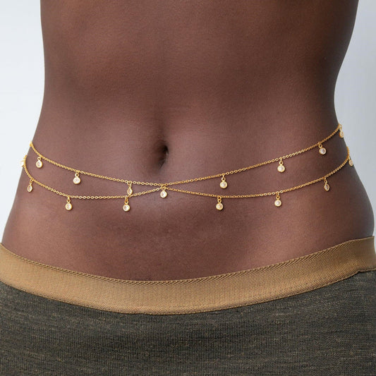Gold Dainty Double Layer Crystal Zircon Drop Waist Chain - Waist Chains - 18k Gold Plated Waterproof Jewellery - Collection 9