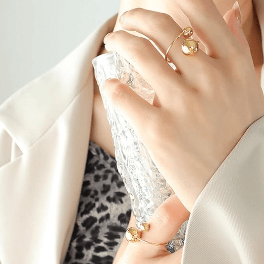 Gold Double Ball Open Cuff Ring - Jewelry - 18k Gold Plated Waterproof Jewellery - Collection 9