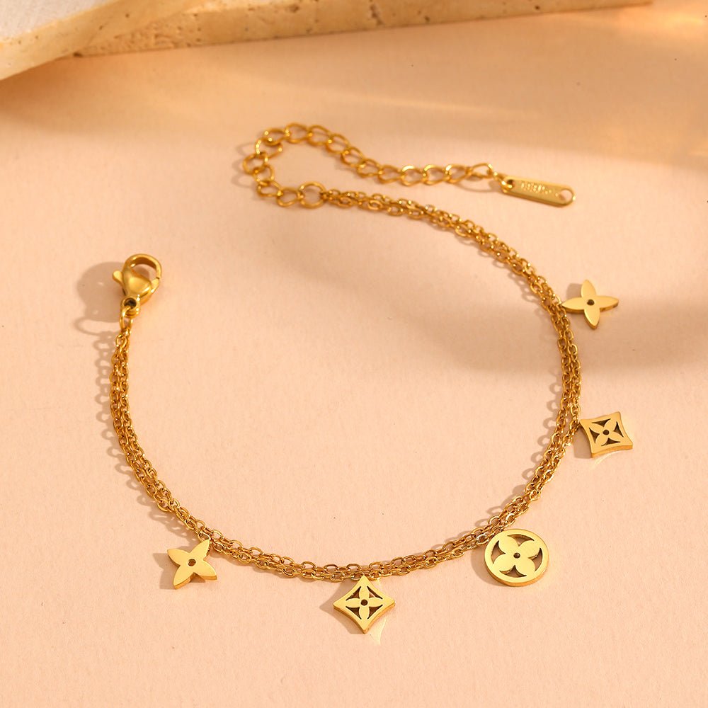Gold Double Cable Chain Mixed Geometric Clover Charm Bracelet - Bracelets - 18k Gold Plated Waterproof Jewellery - Collection 9